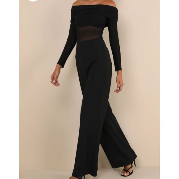 Lulus Sultry Statement Black Mesh Ruched Off-The-Shoulder Jumpsuit Medium - Picture 1 of 8
